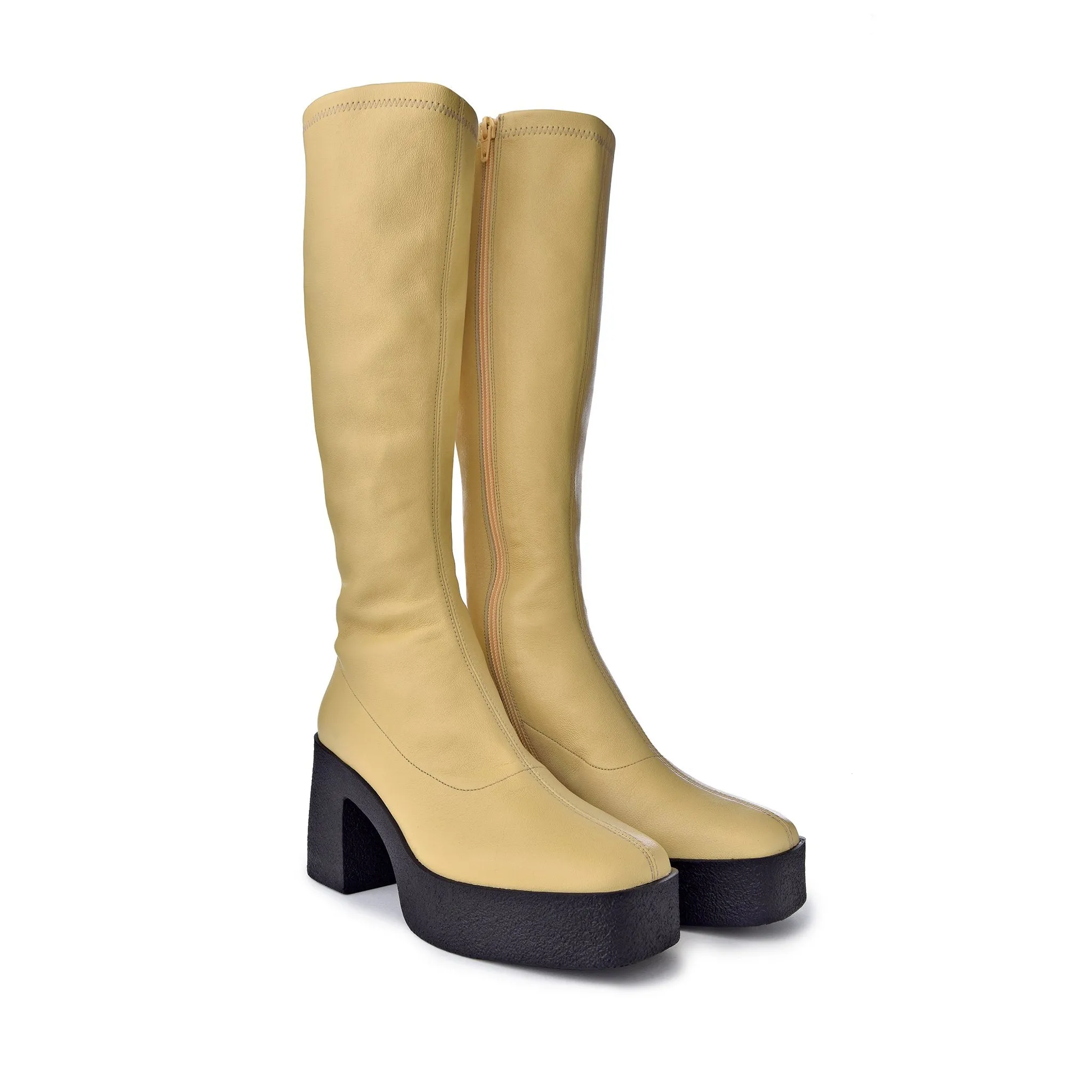 Izumi Pastel Yellow Stretch Leather Chunky Boots