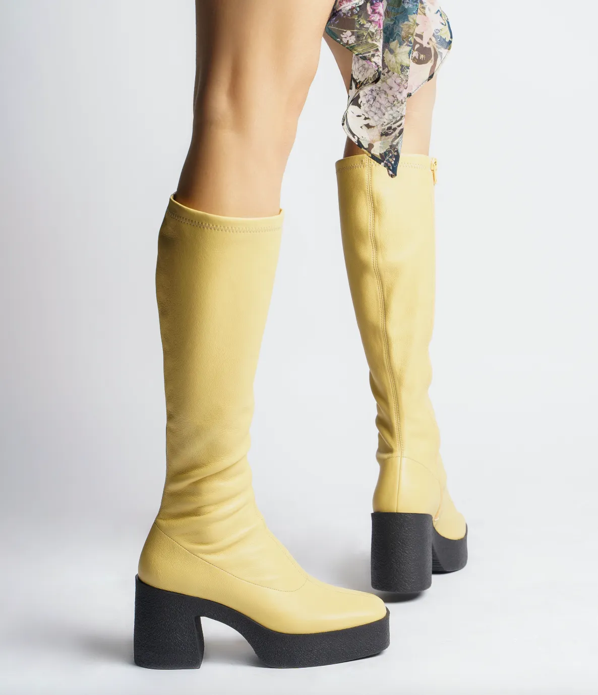 Izumi Pastel Yellow Stretch Leather Chunky Boots