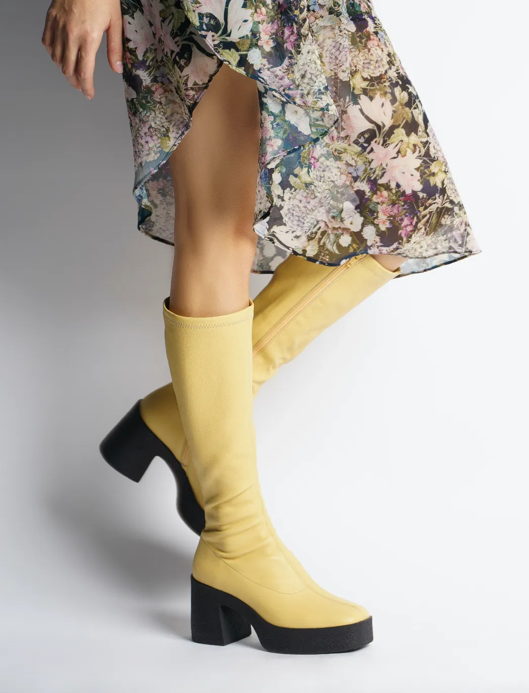 Izumi Pastel Yellow Stretch Leather Chunky Boots