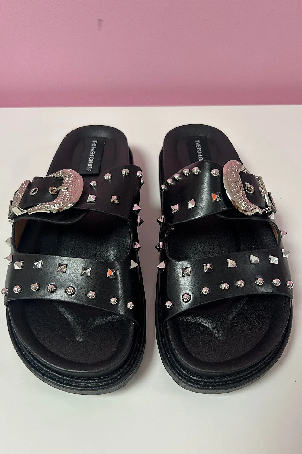 Jamie Black Western Buckle Studded Sliders