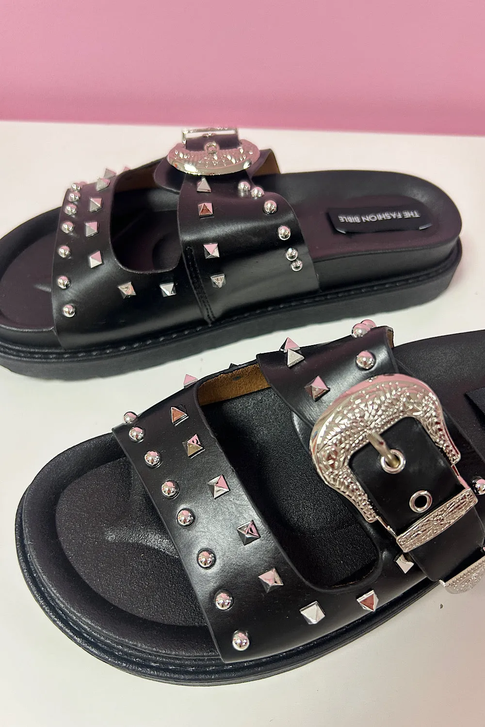 Jamie Black Western Buckle Studded Sliders