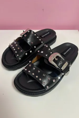 Jamie Black Western Buckle Studded Sliders