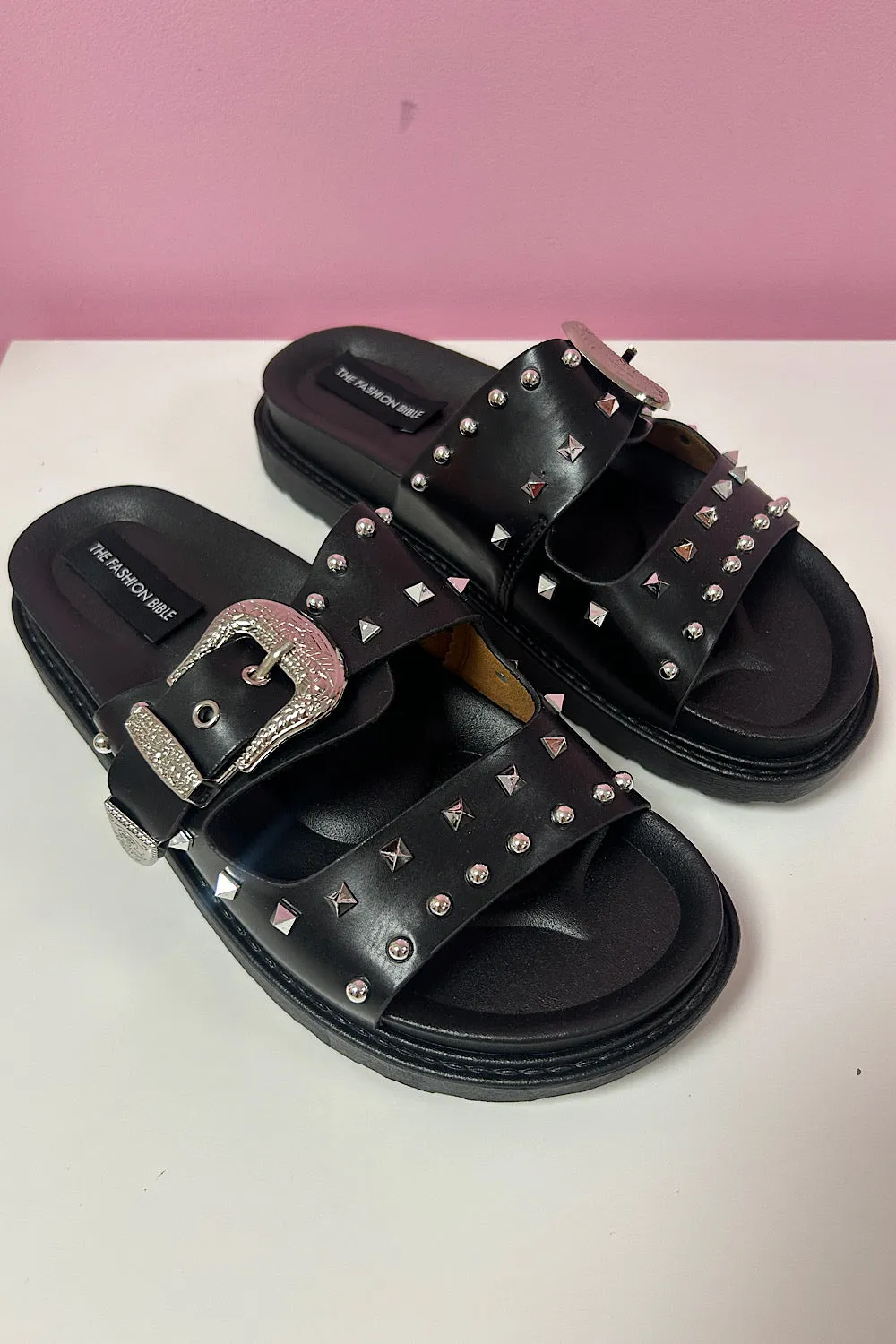 Jamie Black Western Buckle Studded Sliders