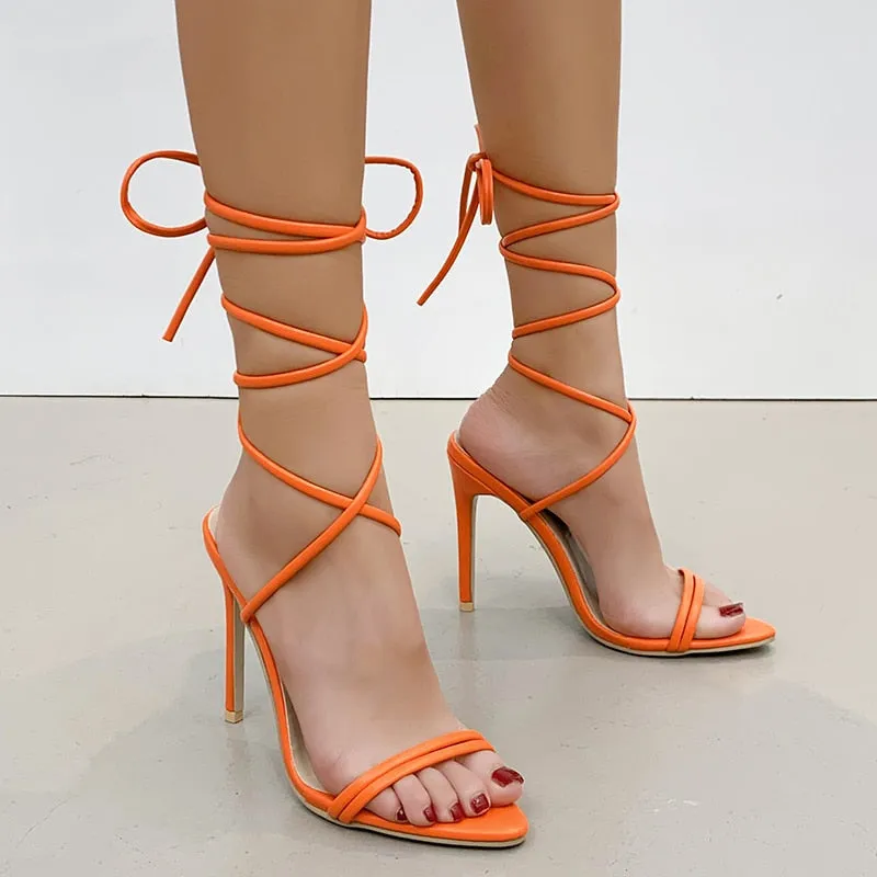 Joskaa 2024 Summer Fashion Orange Ankle Cross Strap Women Sandals Sexy Lace Up Square Toe Female High Heels Party Shoes