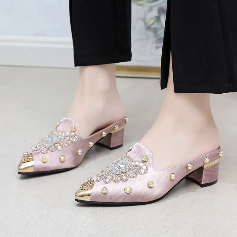 Joskaa Back To School Women Flat Designer Shoes Backless Ladies Foxy Crystal Slides Pointed Toe Mess Hollow Loafers Slip On Shoes For Women 2024