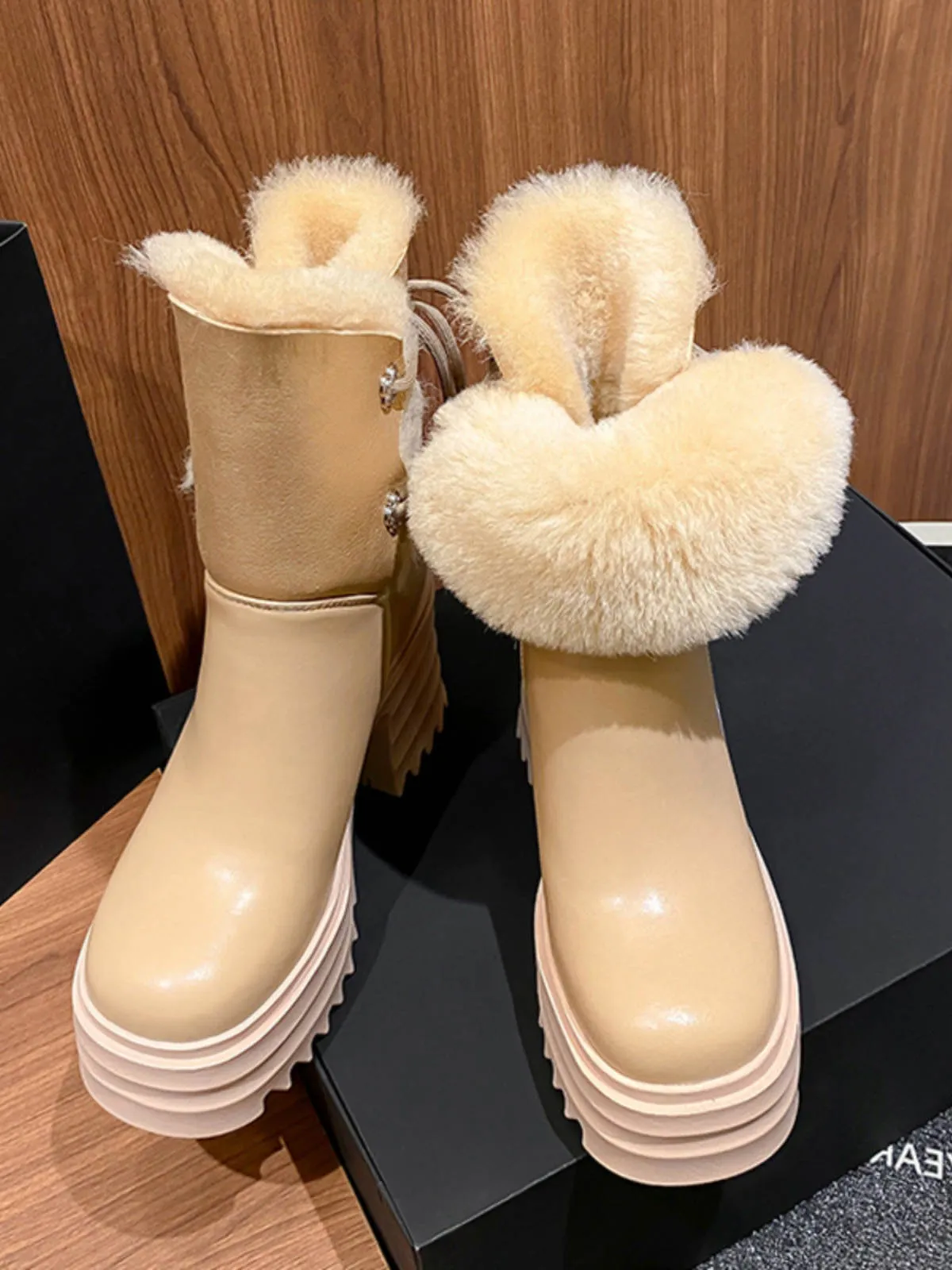 Lace-Up Leather Wool Blend Platform Block Heel Snow Boots