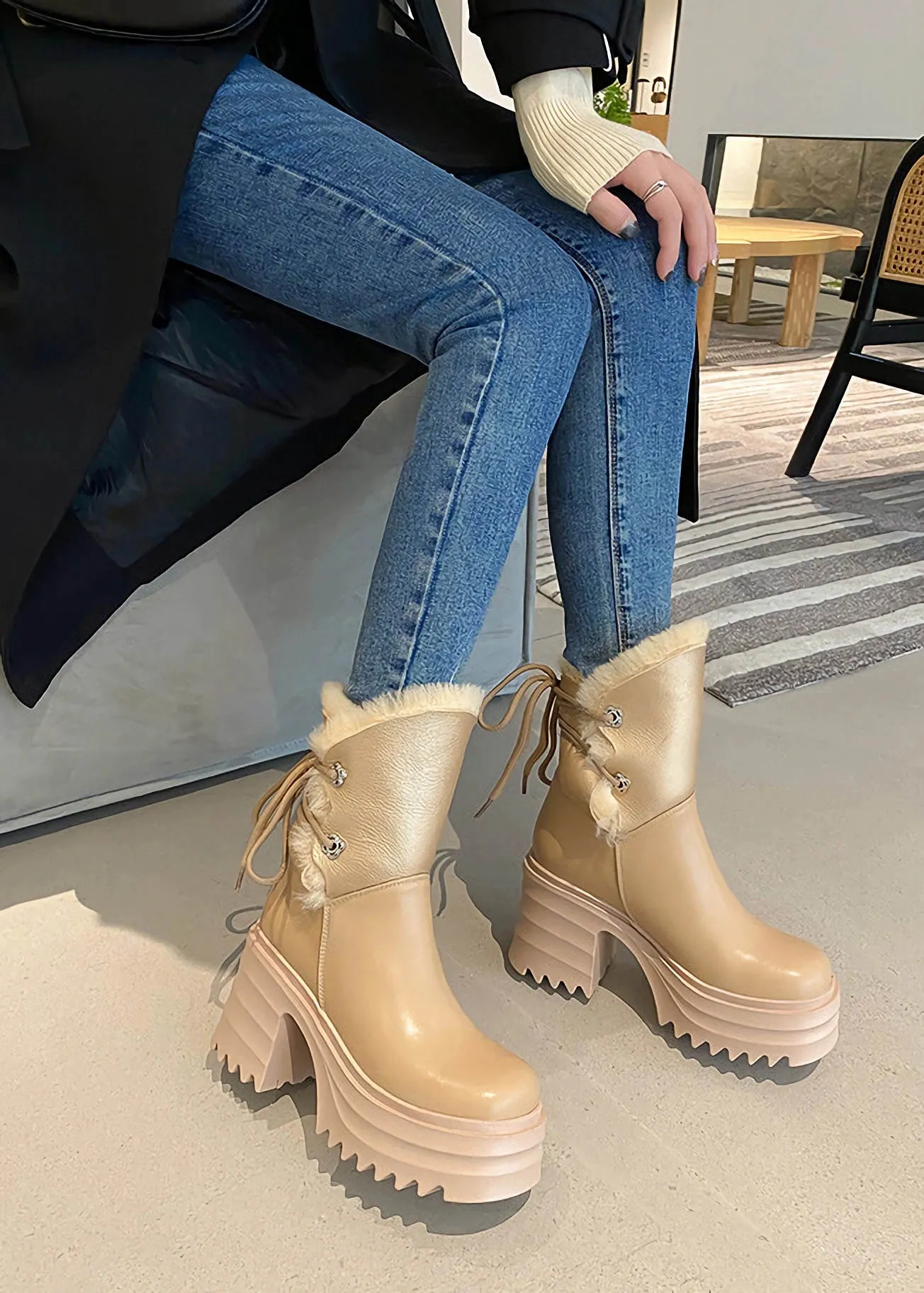 Lace-Up Leather Wool Blend Platform Block Heel Snow Boots