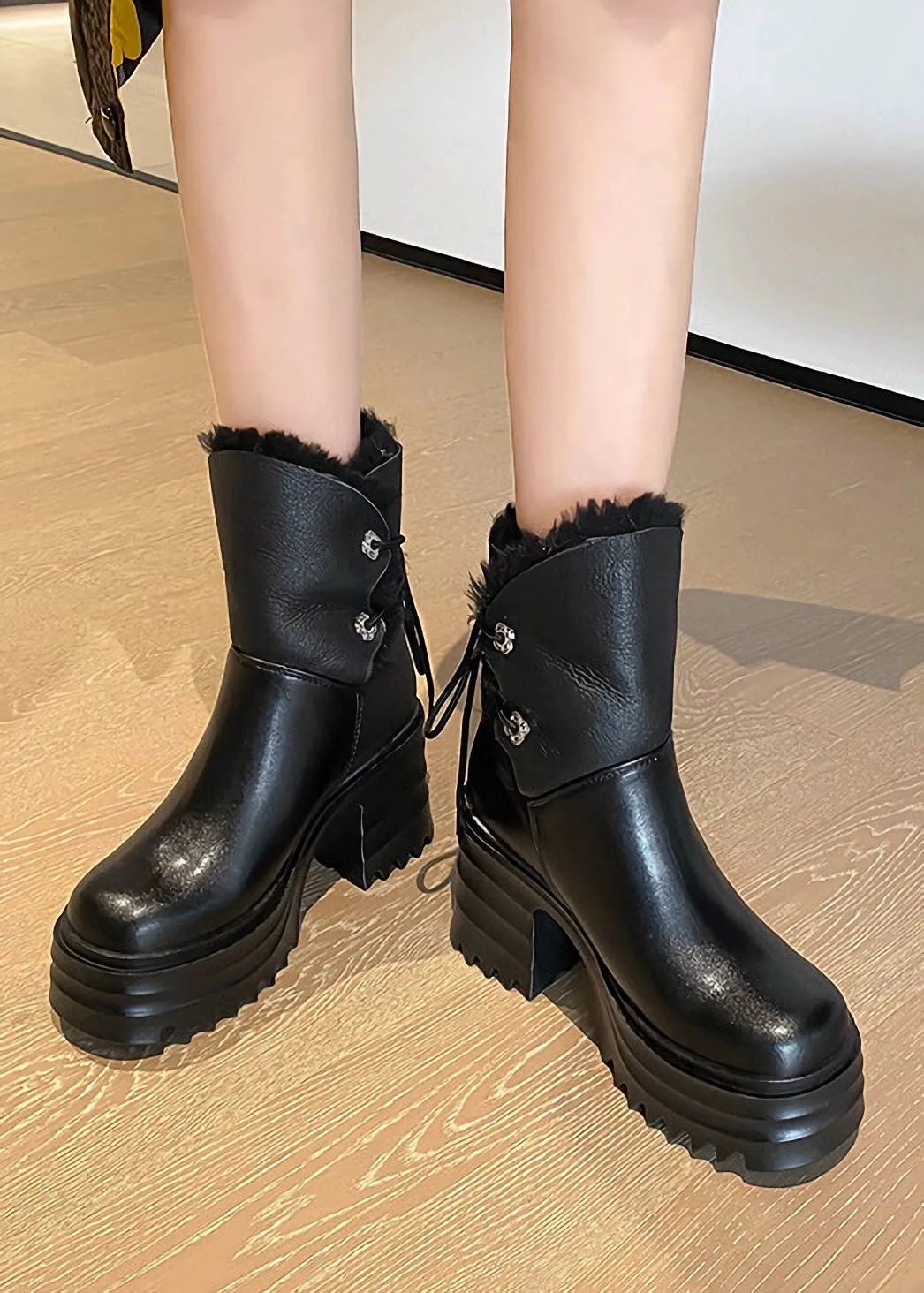 Lace-Up Leather Wool Blend Platform Block Heel Snow Boots