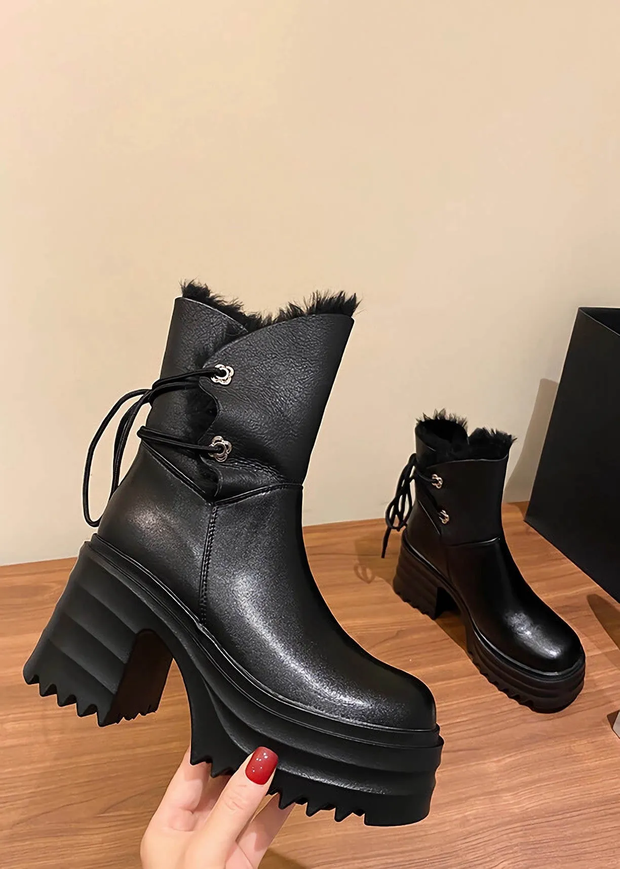 Lace-Up Leather Wool Blend Platform Block Heel Snow Boots