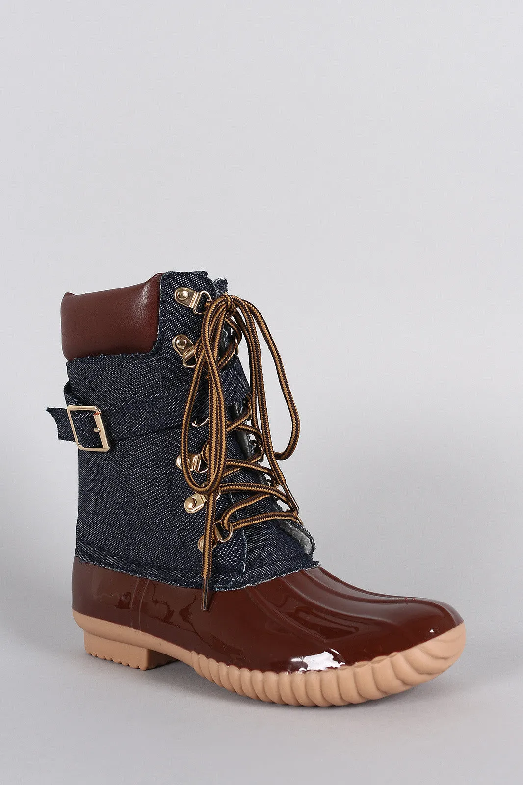 Liliana Denim Buckled Strap Lace Up Duck Ankle Boots