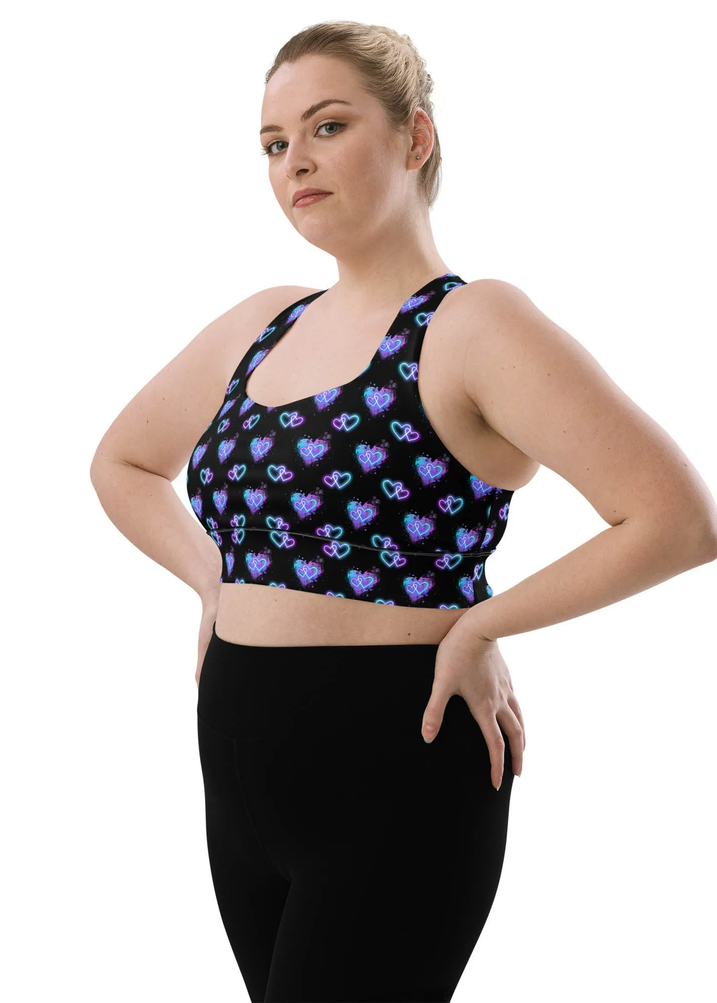 Longline sports bra - Electric Hearts - Black