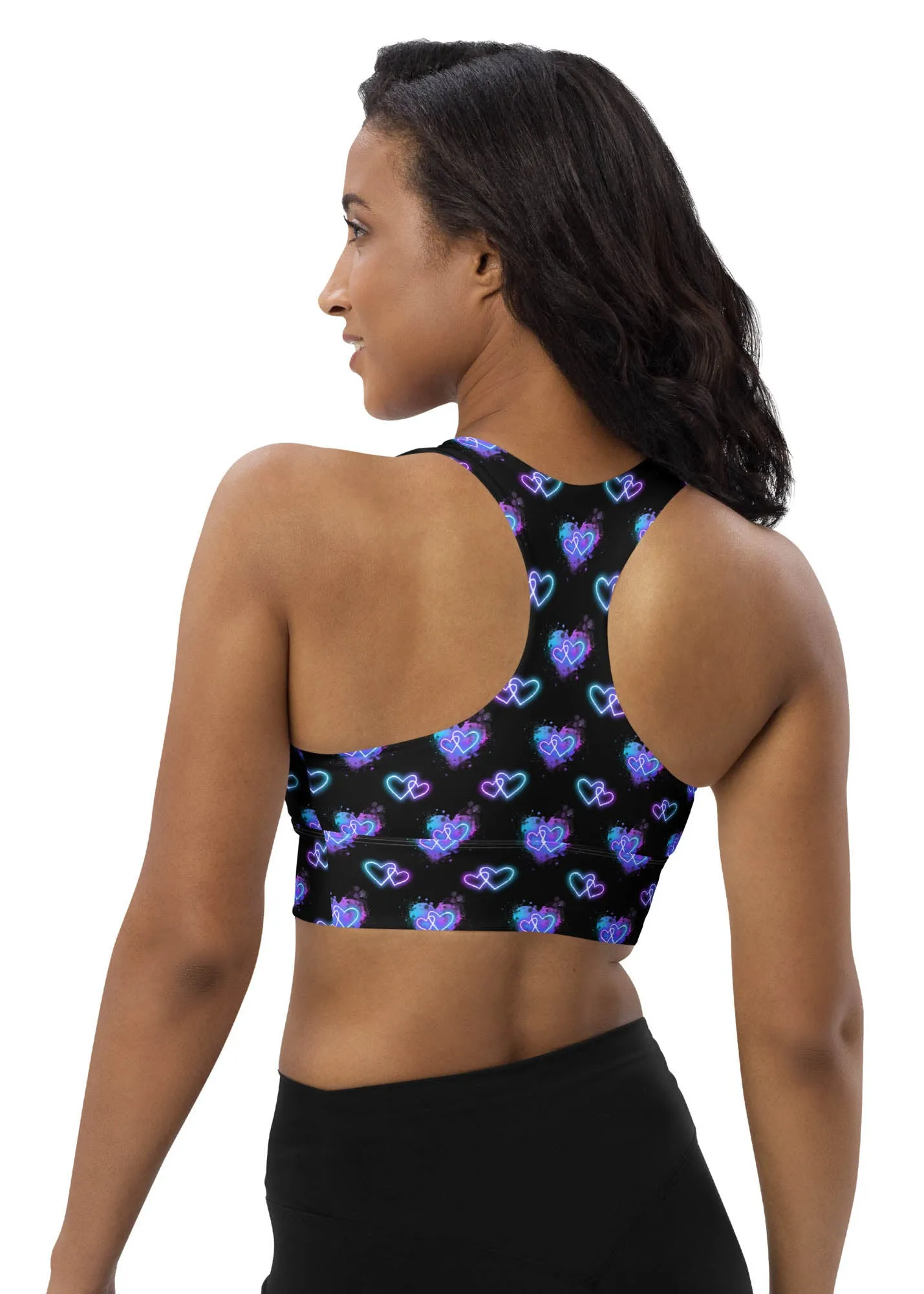 Longline sports bra - Electric Hearts - Black