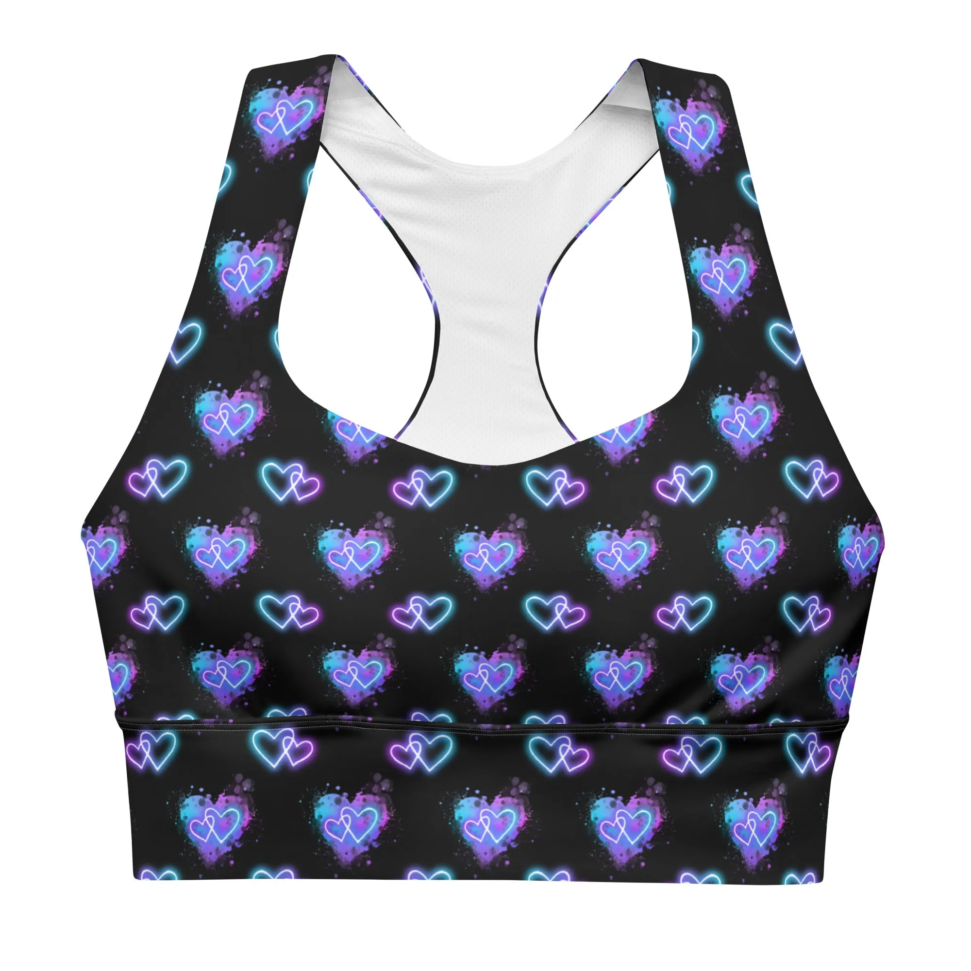 Longline sports bra - Electric Hearts - Black