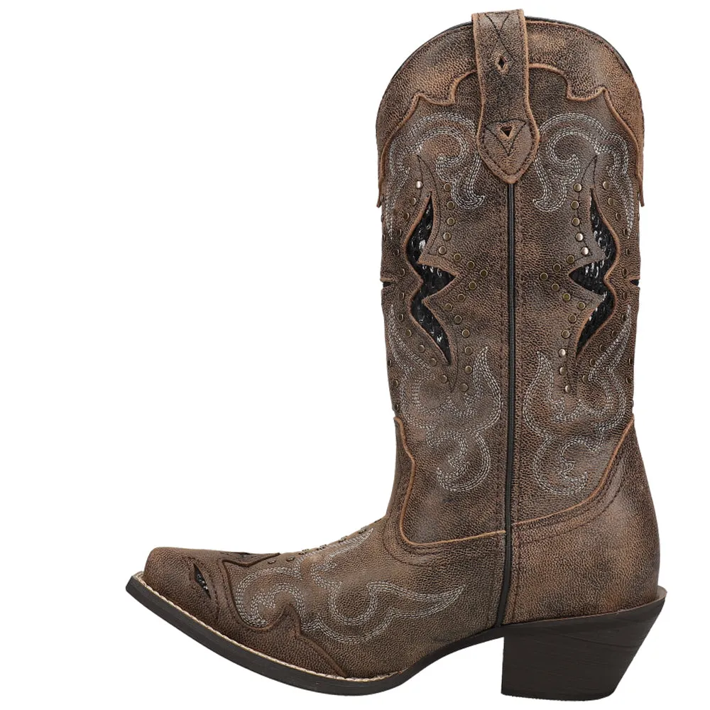 Lucretia Tooled-Inlay Embroidery Studded Snip Toe Cowboy Boots