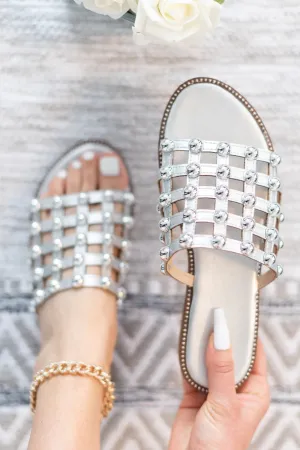 MADISON STUDDED CAGED SILVER SLIDERS