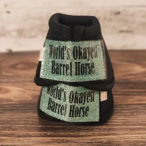 Medium "World's Okayest Barrel Horse" Black Iconoclast Bells w/ Turquoise Glitter Straps