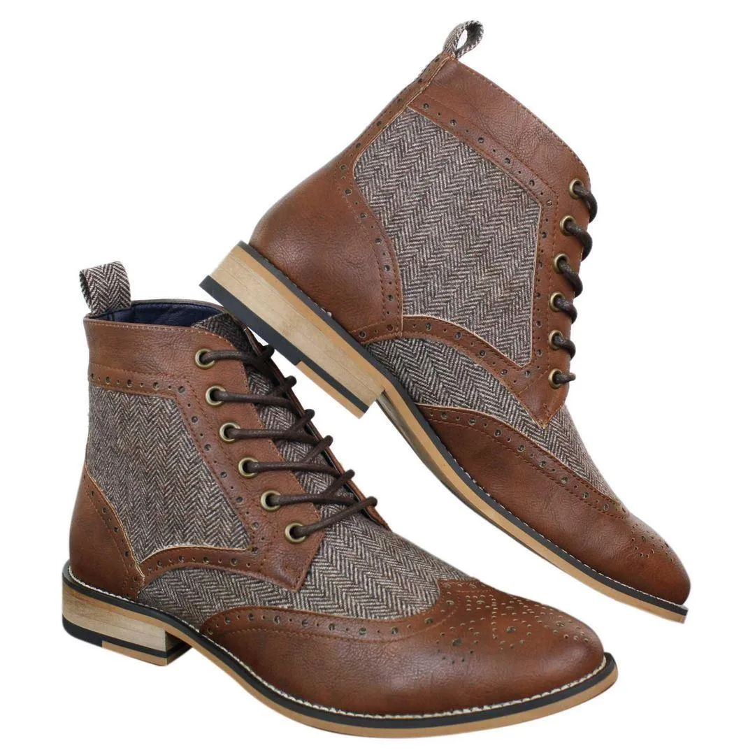 Mens Leather Tweed Herringbone Ankle Boots Shoes Blinders Sherlock Vintage Classic