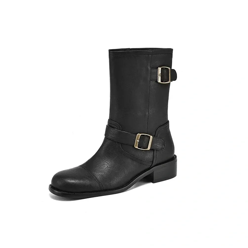 Merendy Sahla Round Toe Med Heel Wide-Calf Boots with Metal Belt Buckle Decoration