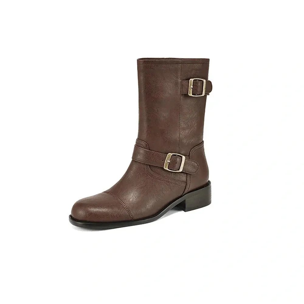 Merendy Sahla Round Toe Med Heel Wide-Calf Boots with Metal Belt Buckle Decoration