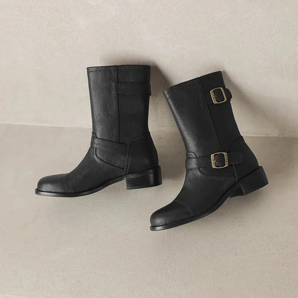 Merendy Sahla Round Toe Med Heel Wide-Calf Boots with Metal Belt Buckle Decoration