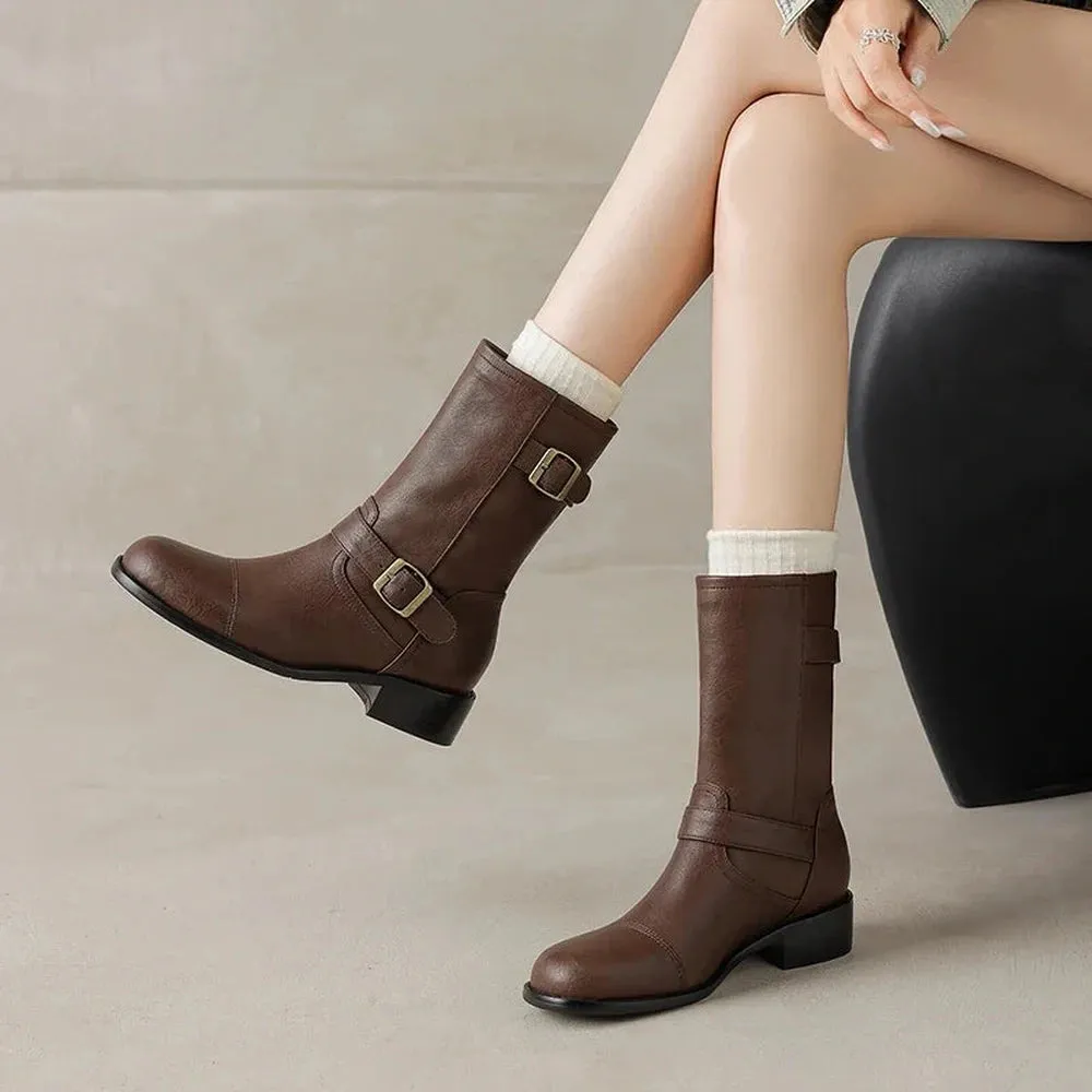 Merendy Sahla Round Toe Med Heel Wide-Calf Boots with Metal Belt Buckle Decoration