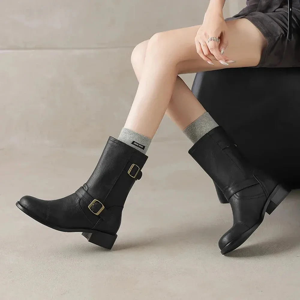 Merendy Sahla Round Toe Med Heel Wide-Calf Boots with Metal Belt Buckle Decoration