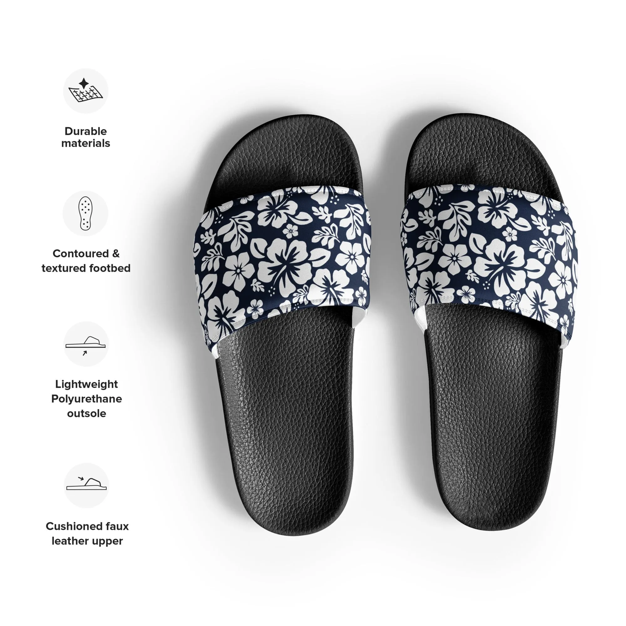 Navy Blue and White Hawaiian Flowers Women’s Slides Sandals