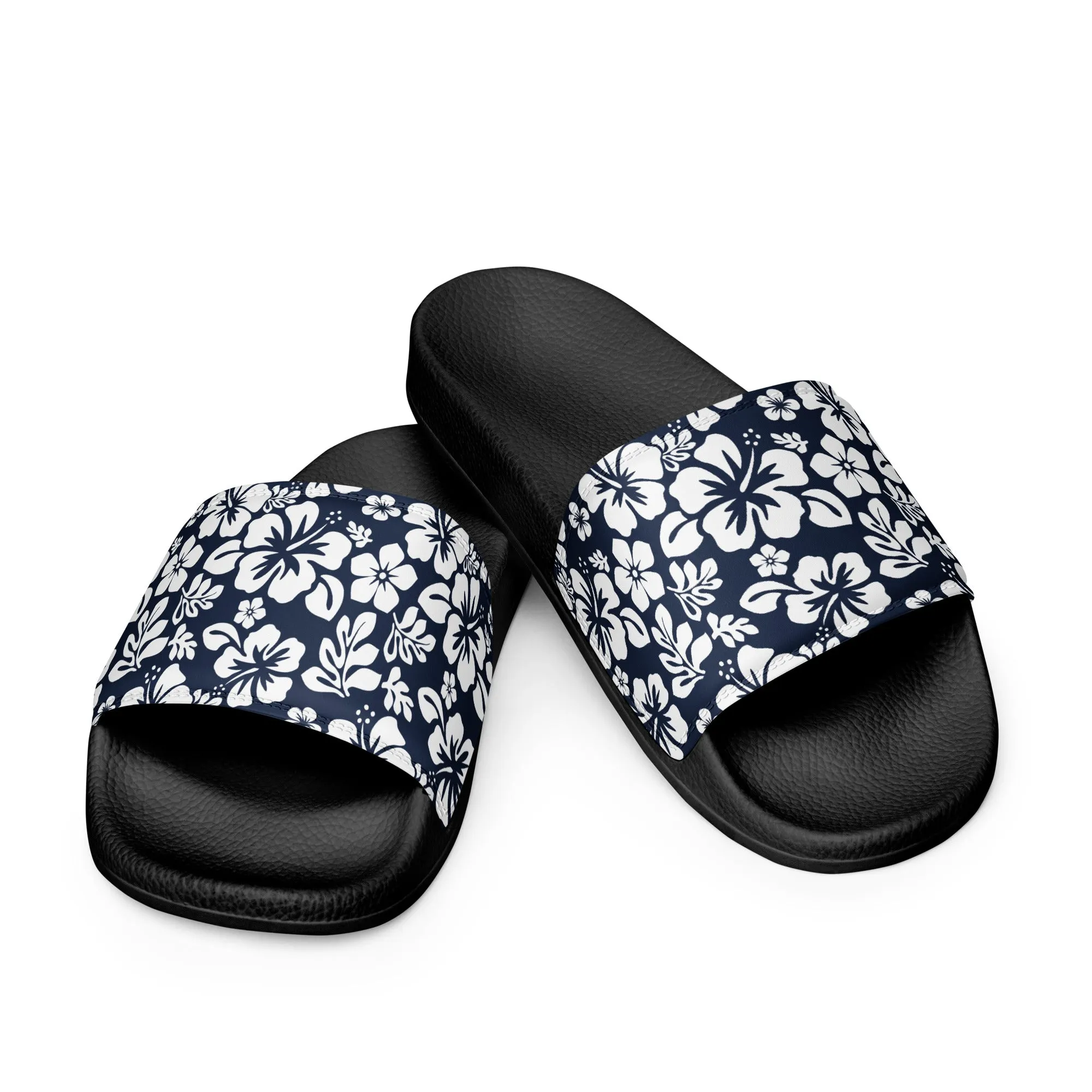 Navy Blue and White Hawaiian Flowers Women’s Slides Sandals