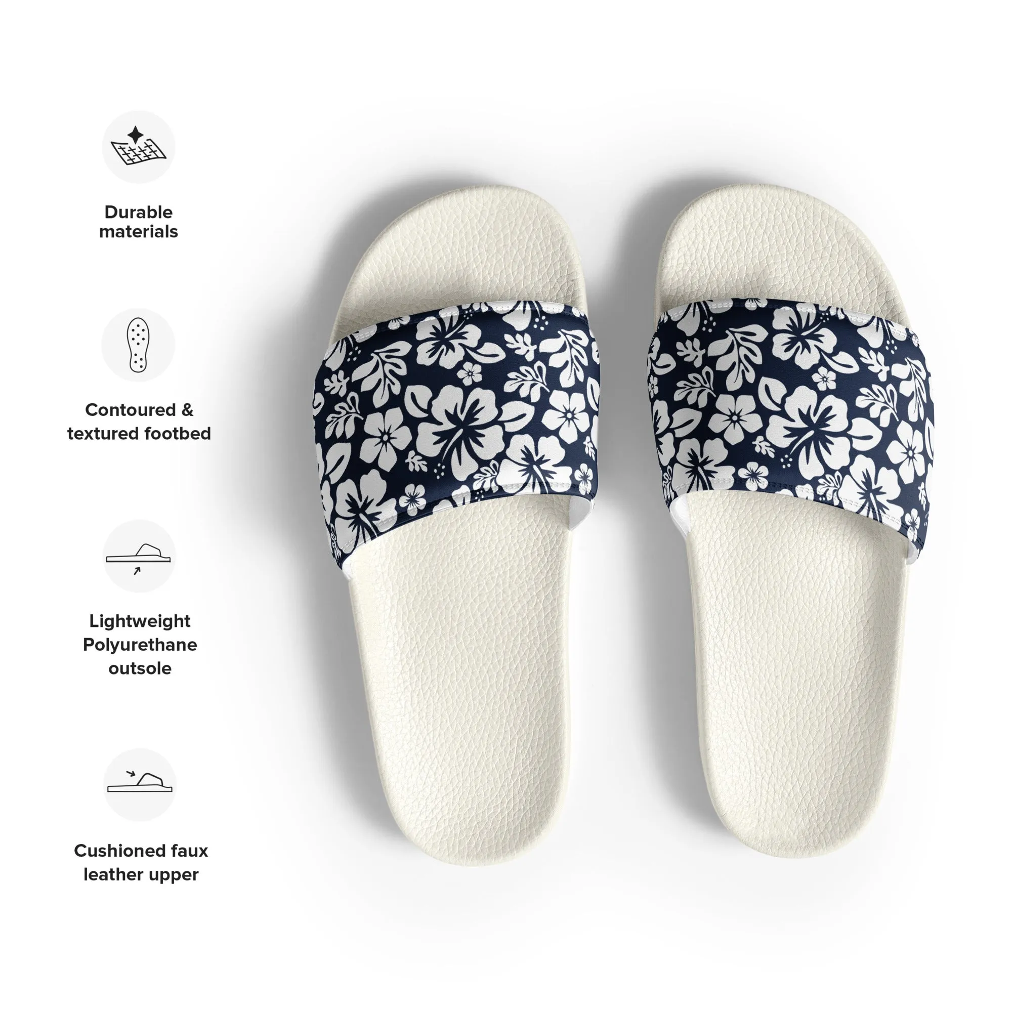 Navy Blue and White Hawaiian Flowers Women’s Slides Sandals