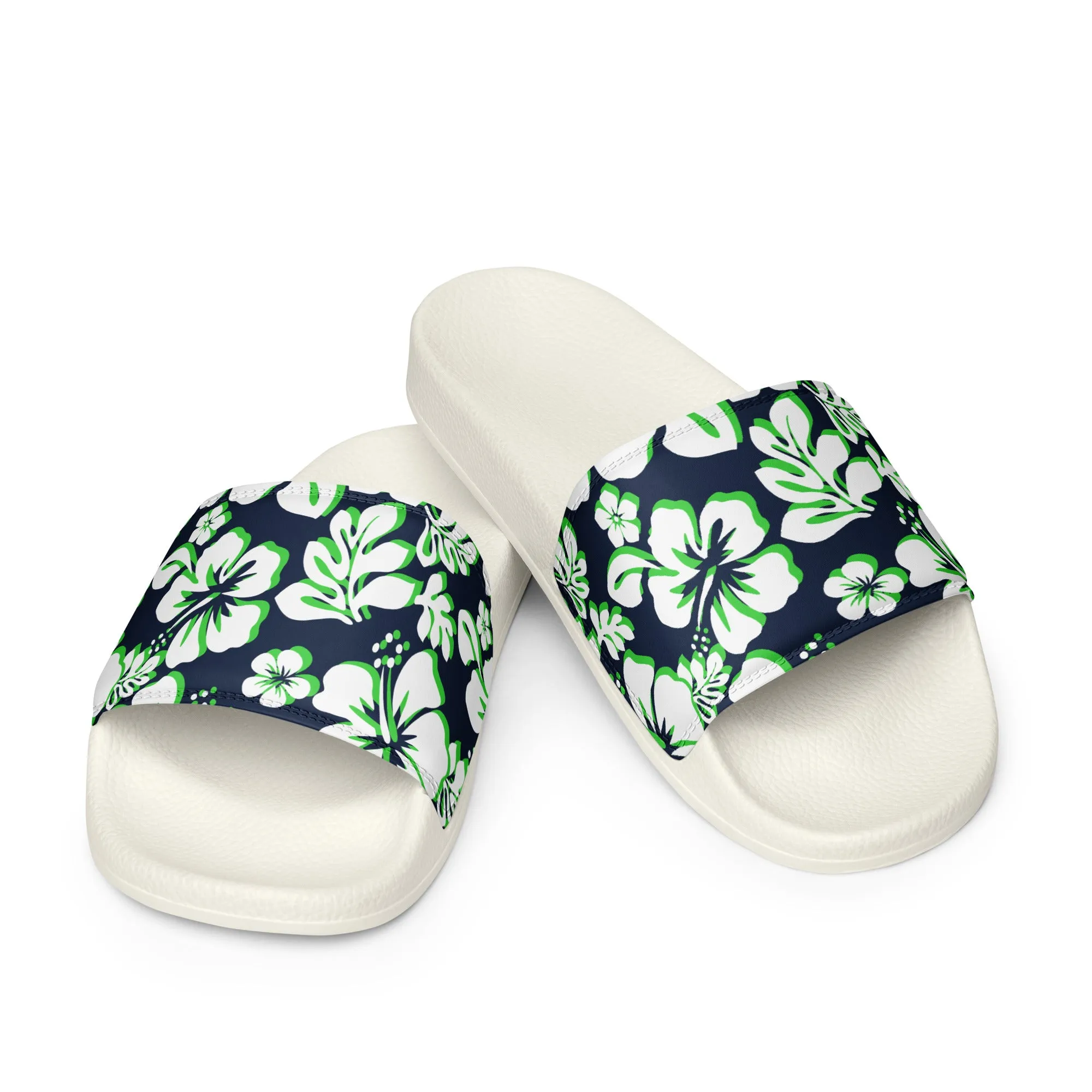 Navy Blue, Lime and White Hawaiian Flowers Men’s Slides Sandals