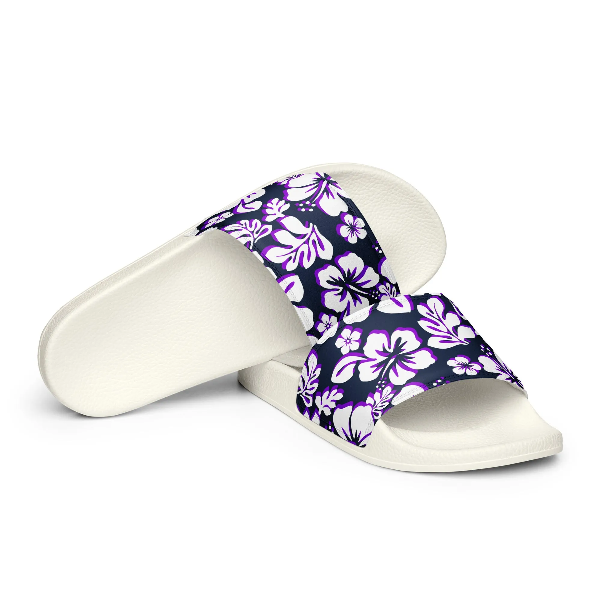 Navy Blue, Purple and White Hawaiian Flowers Men’s Slides Sandals