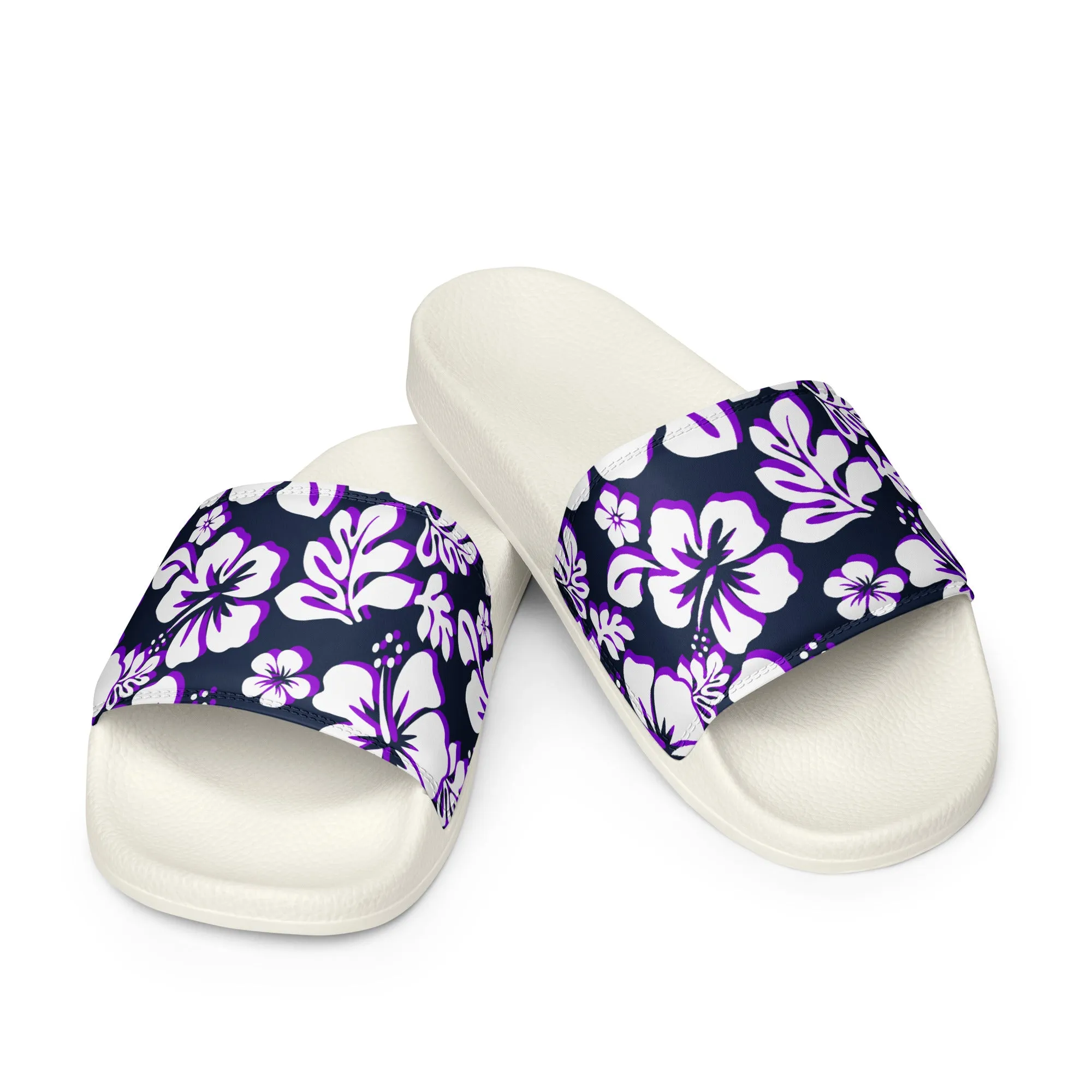 Navy Blue, Purple and White Hawaiian Flowers Men’s Slides Sandals