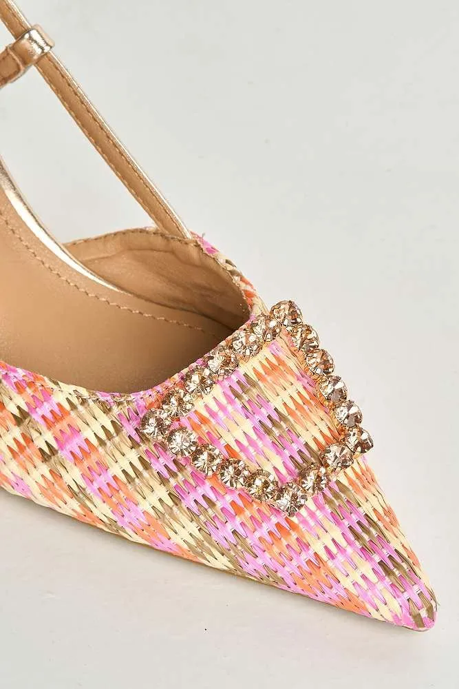 Nora Brooch Detail Textured Slingback Court Shoes in Champagne