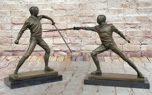 Pair of Fencers Fencing Bronze Bookend Sculptures Figurines on Marble Base