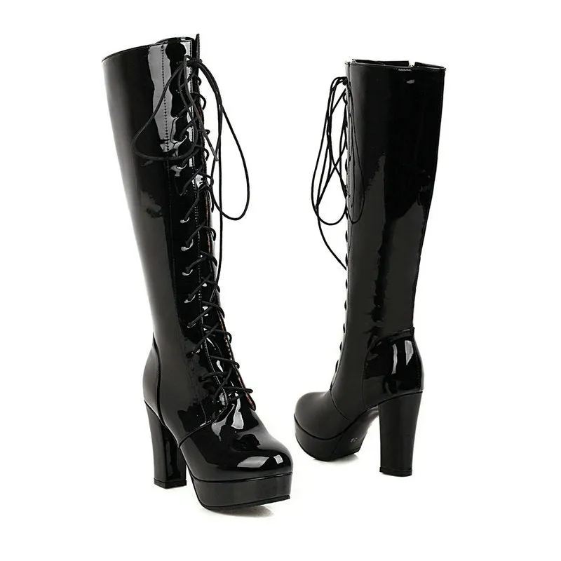 Patent leather chunky heels knee high combat boots knight boots lolita boots