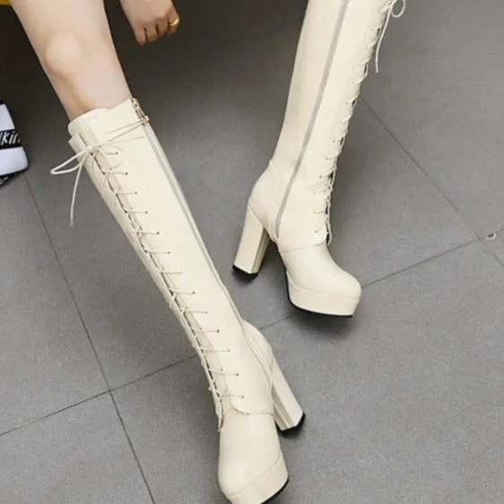 Patent leather chunky heels knee high combat boots knight boots lolita boots