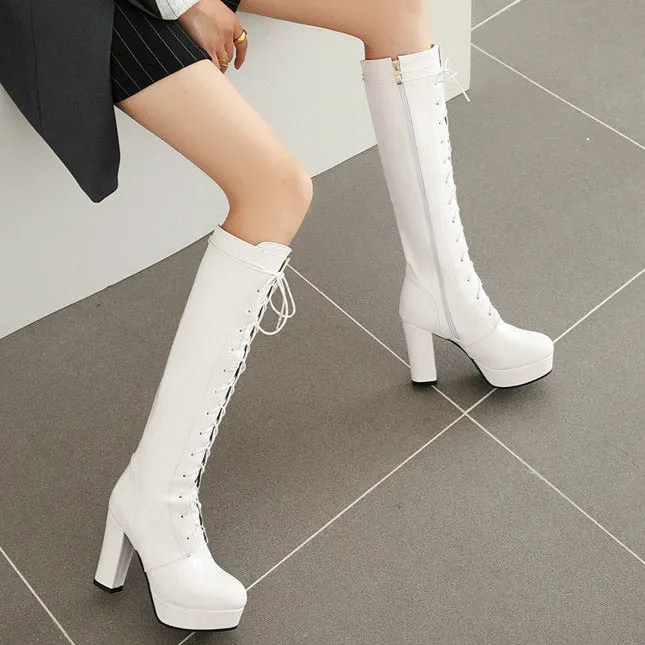 Patent leather chunky heels knee high combat boots knight boots lolita boots