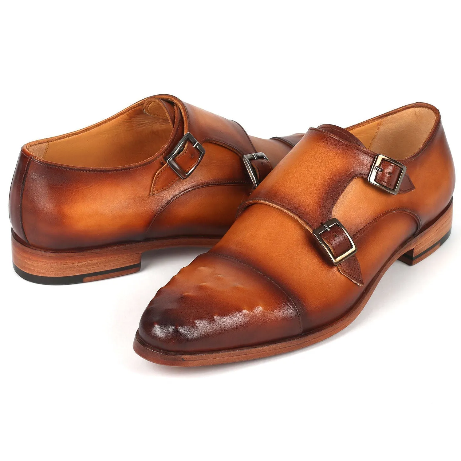 Paul Parkman 047-CML Men's Shoes Light Brown Calf-Skin Leather Studded Cap Toe Monkstraps Loafers (PM6369)