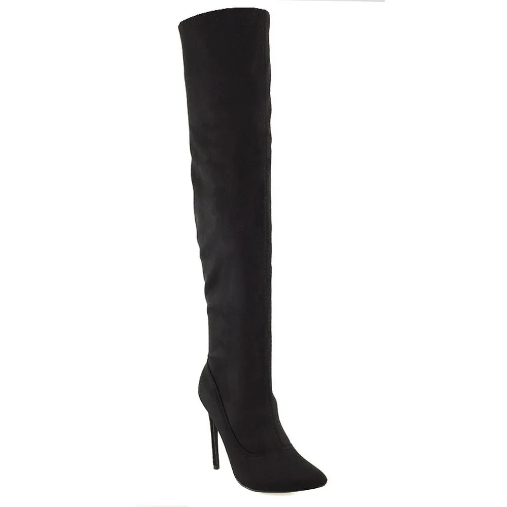 PIPER OVER THE KNEE ZIP UP THIGH HIGH STILETTO HEELED BOOTS IN BLACK FAUX SUEDE