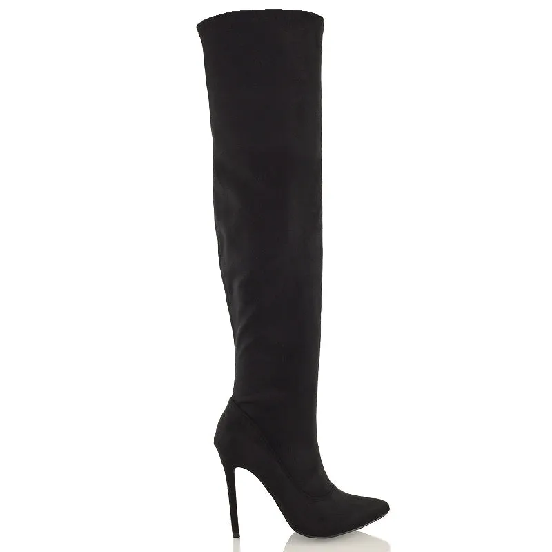 PIPER OVER THE KNEE ZIP UP THIGH HIGH STILETTO HEELED BOOTS IN BLACK FAUX SUEDE