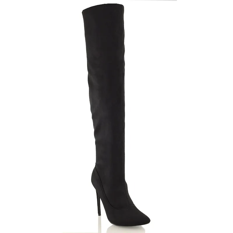 PIPER OVER THE KNEE ZIP UP THIGH HIGH STILETTO HEELED BOOTS IN BLACK FAUX SUEDE