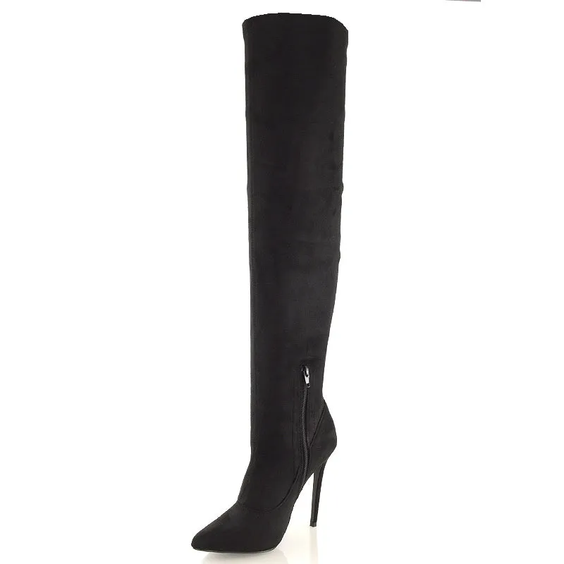 PIPER OVER THE KNEE ZIP UP THIGH HIGH STILETTO HEELED BOOTS IN BLACK FAUX SUEDE