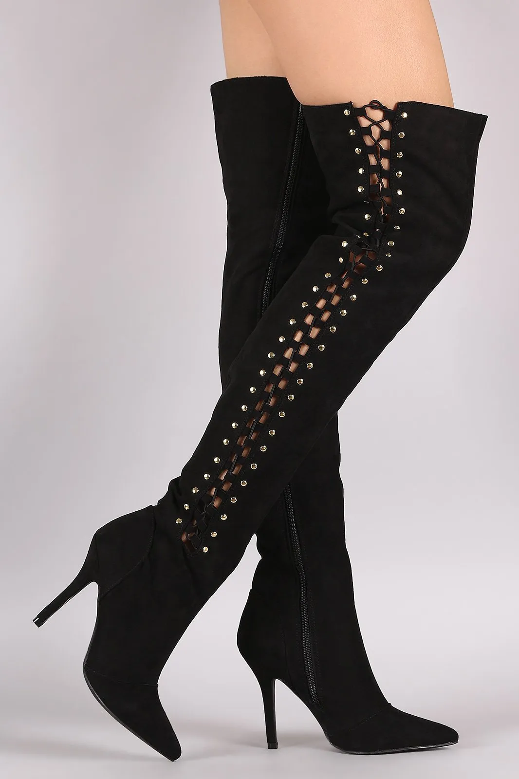 Qupid Suede Studded Lace Up Over-The-Knee Stiletto Boots