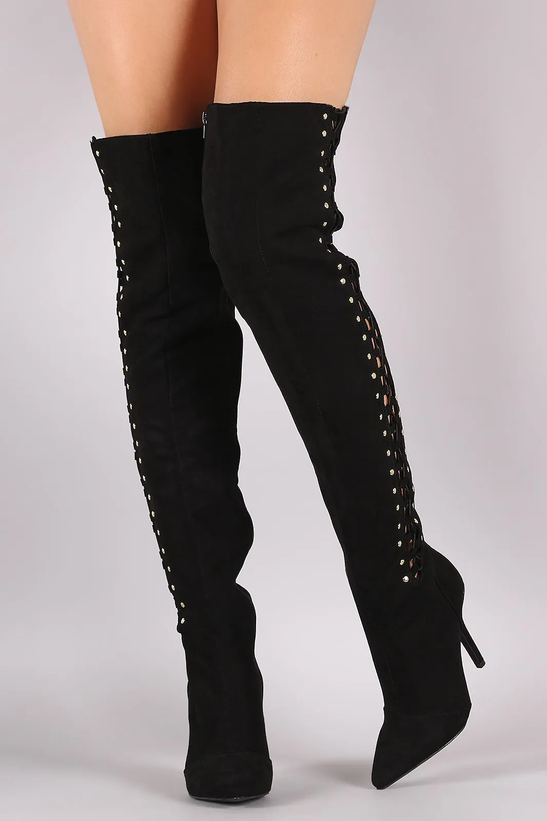 Qupid Suede Studded Lace Up Over-The-Knee Stiletto Boots