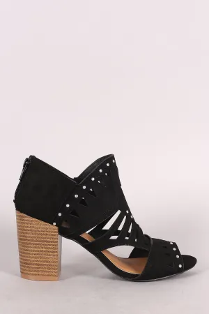 Qupid Suede Studded Peep Toe Cutout Chunky Heeled Booties