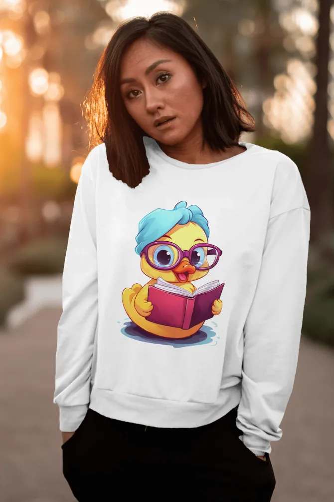 Reader Duck White Printed Sweatshirt for women