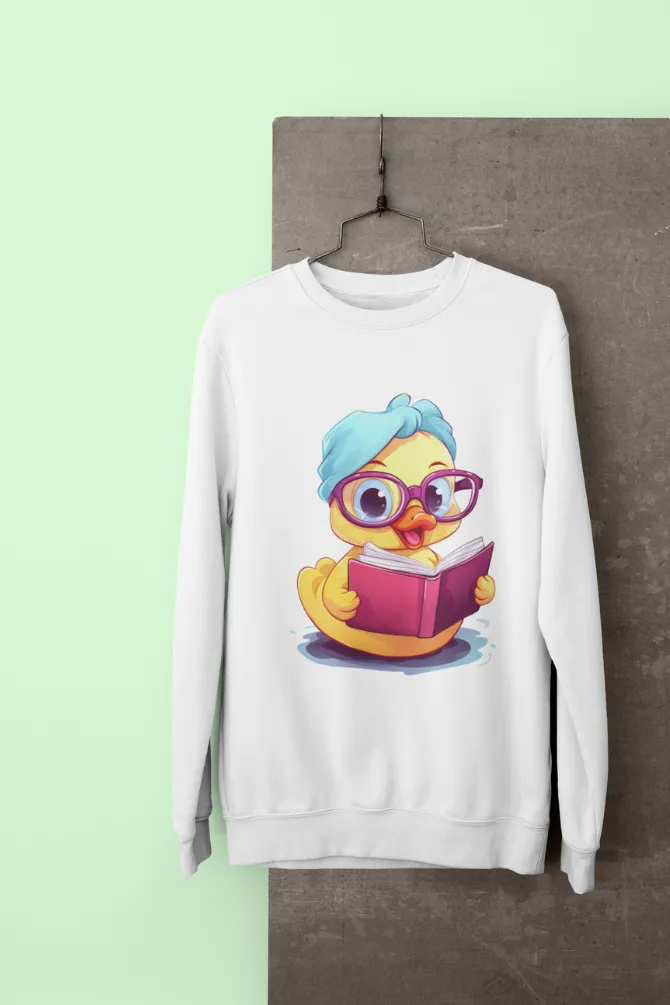 Reader Duck White Printed Sweatshirt for women