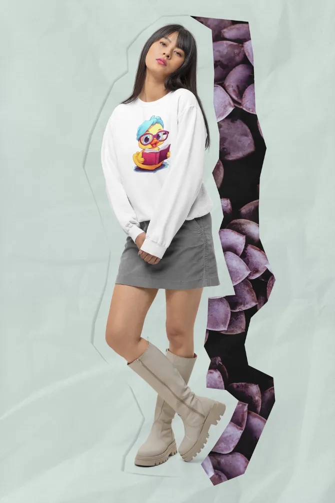 Reader Duck White Printed Sweatshirt for women