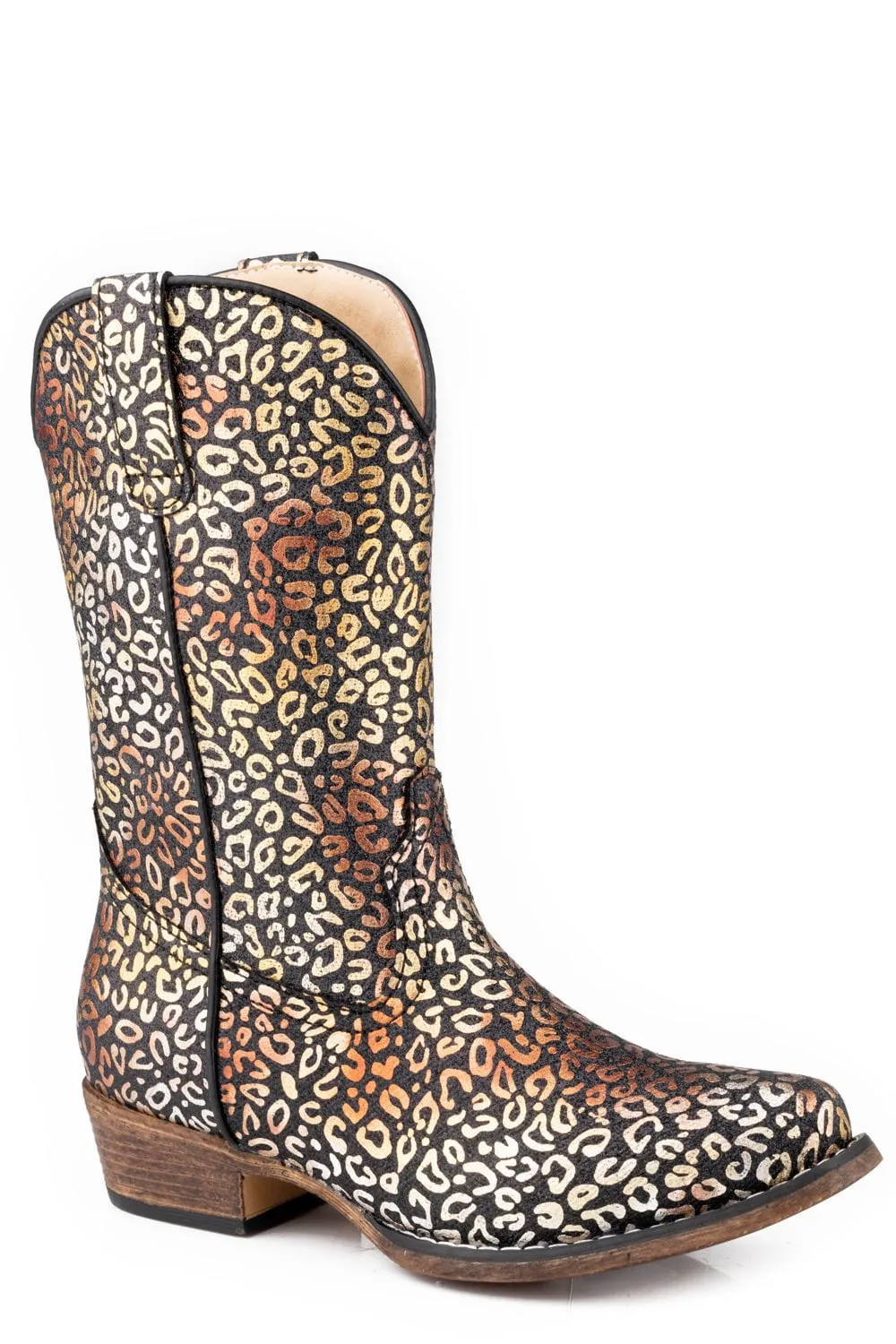 Roper Kids Girls Riley Leopard Black Faux Leather Cowboy Boots