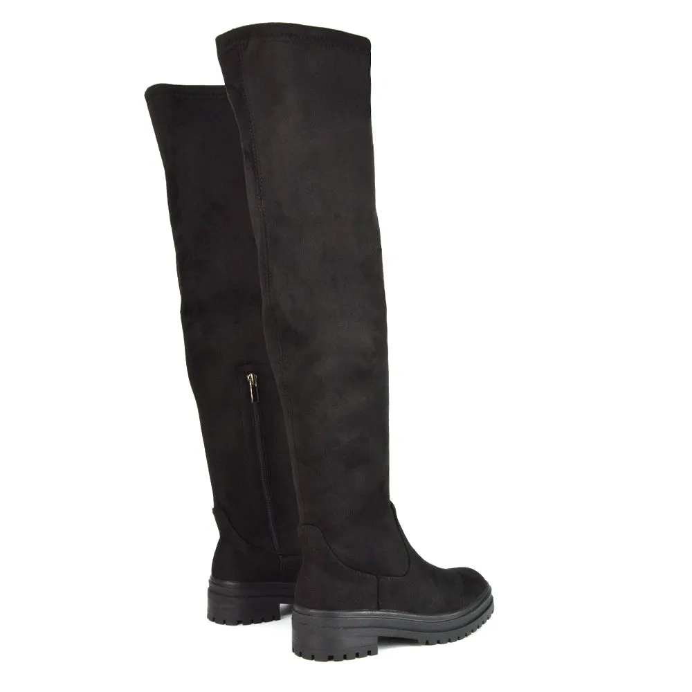 Rosalia Flat Chunky Sole Over the Knee Thigh High Long Boots in Black Patent